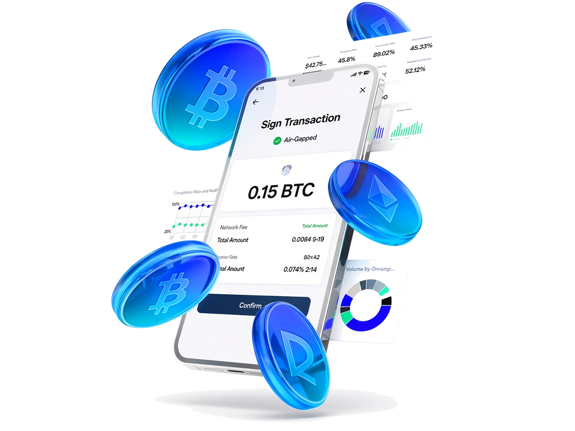 NOVAFLOW hardware wallet floating beside gold and blue crypto coins